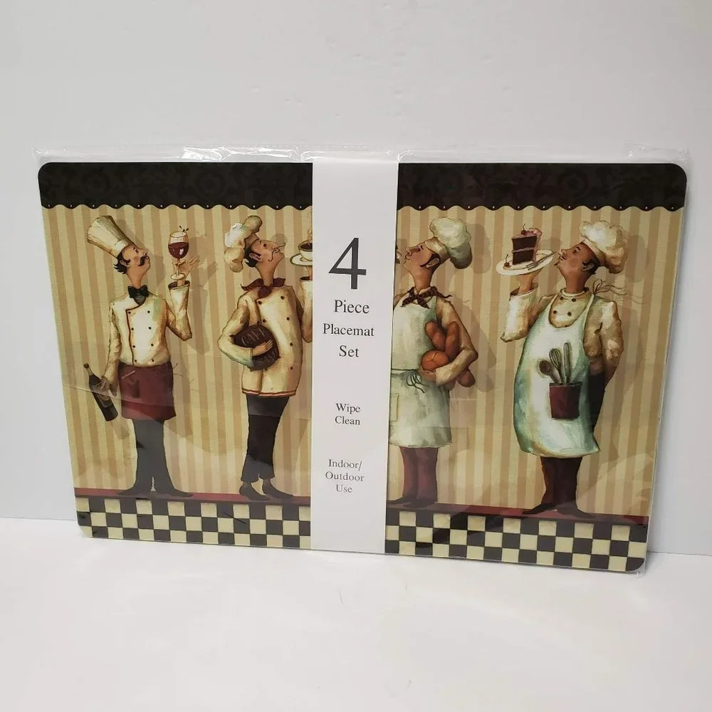 Fat Chef Placemats, Set of 4, Bistro Cook Mediterranean, Foam-backed Vinyl NWT